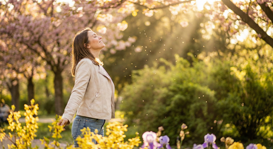 A woman with eyes closed smiles while standing among blooming spring flowers and trees with sunlight streaming from behind