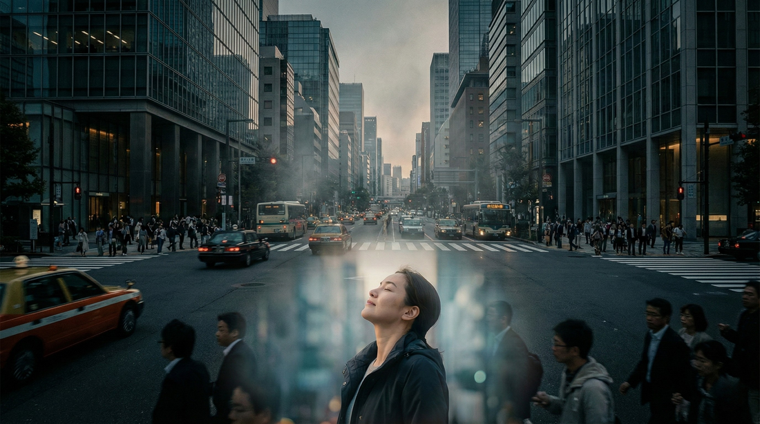 A woman stands with eyes closed, taking a calm, deep breath in the foreground of a busy, hazy modern city intersection filled with traffic and pedestrians