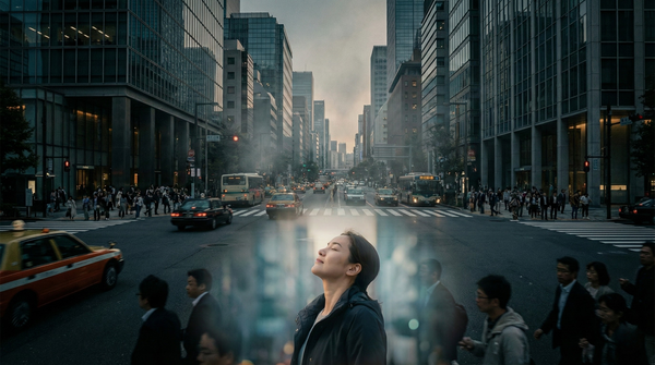 A woman stands with eyes closed, taking a calm, deep breath in the foreground of a busy, hazy modern city intersection filled with traffic and pedestrians