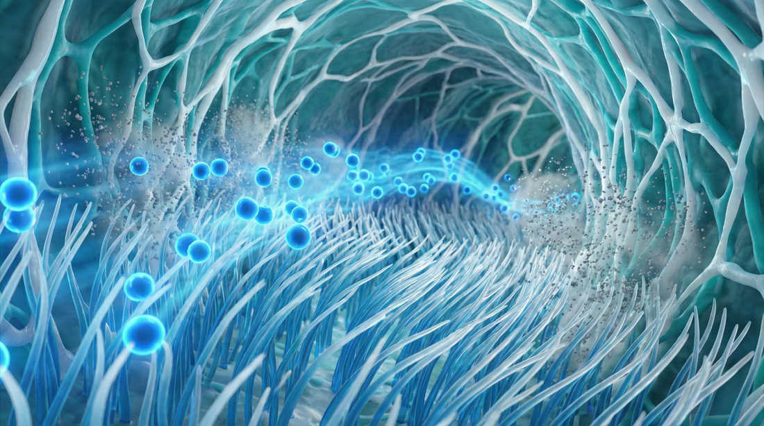 A microscopic medical render showing waving nasal cilia, glowing blue Nitric Oxide molecules, and clearing dust particles.