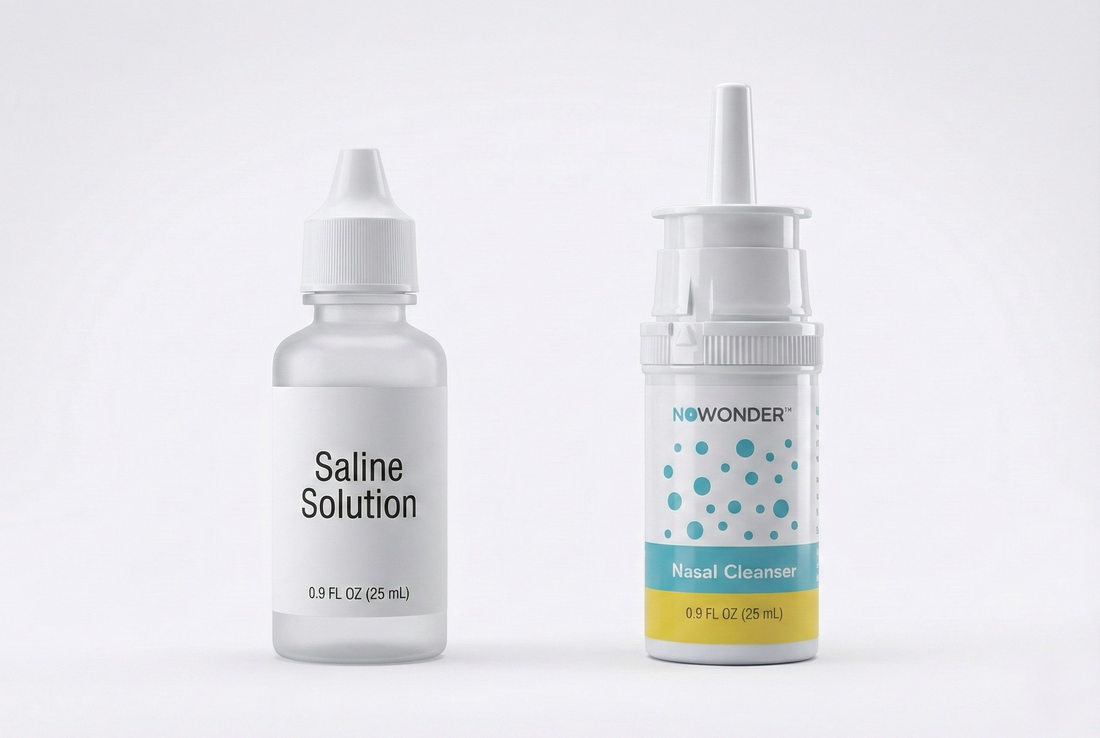 Side-by-side comparison of a generic saline bottle and a branded NoWonder nasal cleanser bottle