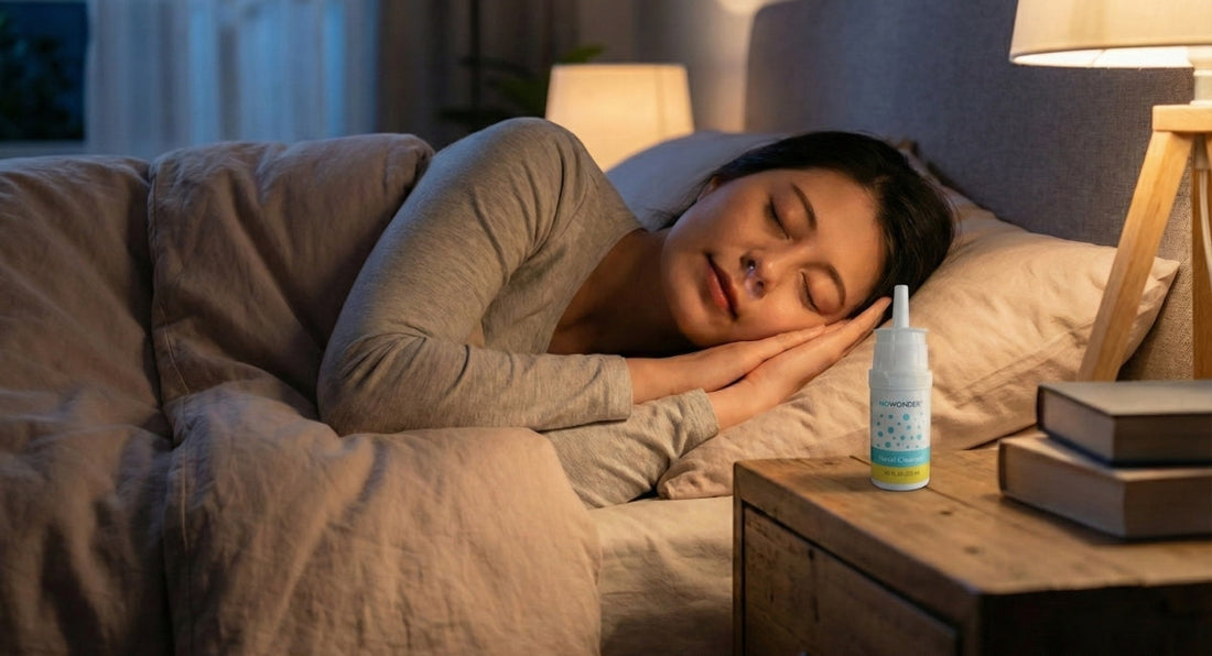A young woman sleeps peacefully in a bed at night, with a nasal spray bottle and books on the wooden bedside table next to a lit lamp.