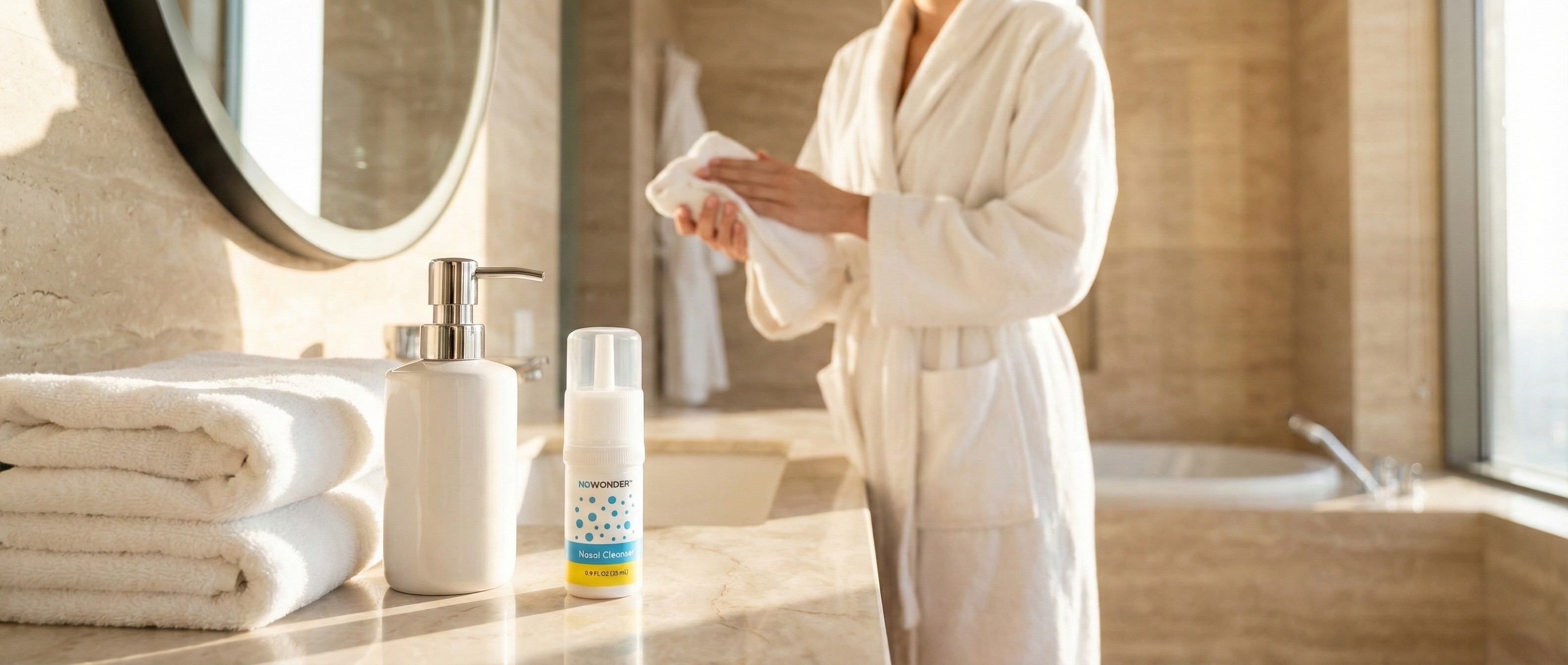 NOWONDER Nasal Cleanser bottle on a marble vanity top next to a white ceramic soap dispenser and a stack of white towels in a bright, luxurious bathroom with a person in a white robe in the background.