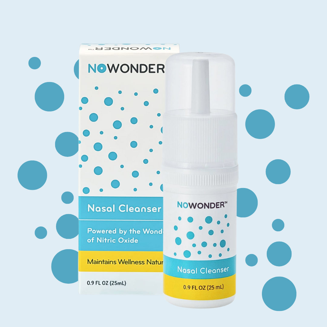NOWONDER nasal cleanser bottle and packaging on a blue polka dot background