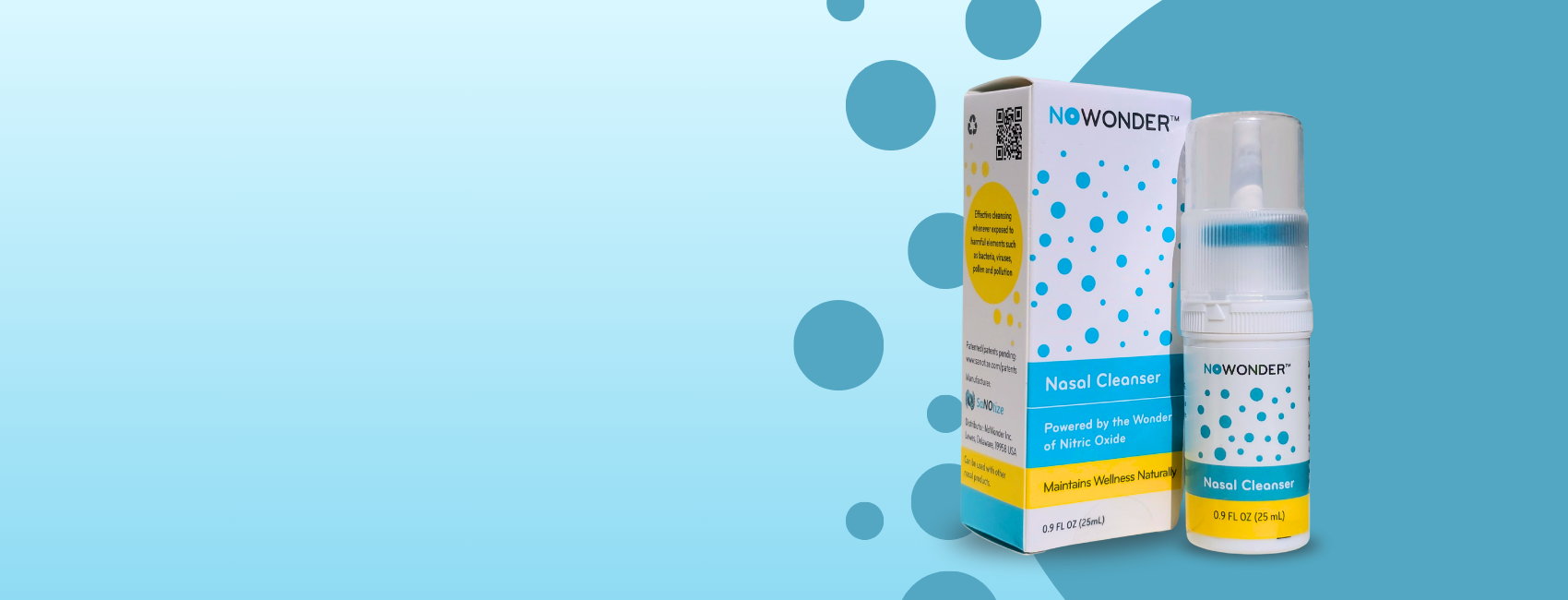 Newonder product packaging on a blue background with circular patterns