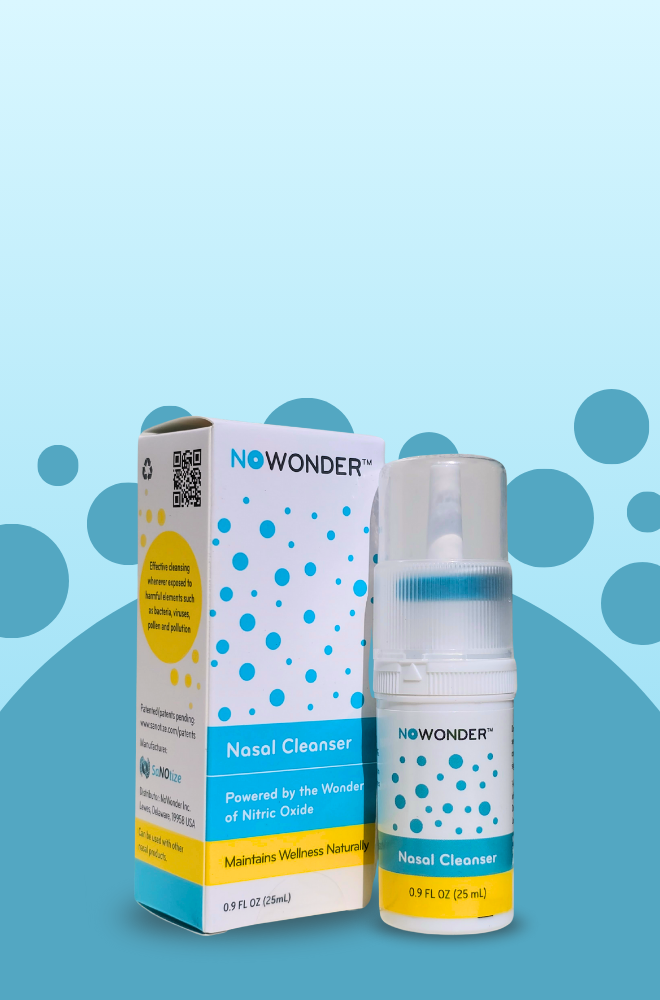 NOWONDER nasal cleanser bottle and packaging on a blue background